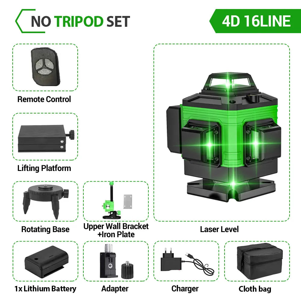 Niveau laser 4D à 16 lignes – Vert, auto-nivelant, 360° horizontal & vertical