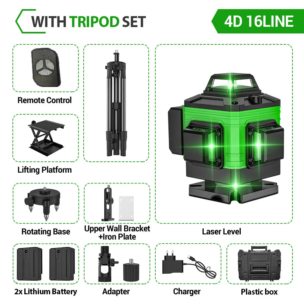 Niveau laser 4D à 16 lignes – Vert, auto-nivelant, 360° horizontal & vertical